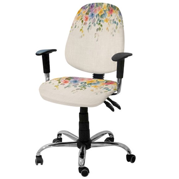 Country Office Chair Covers Stretchable Watercolor Pastoral Wildflowers Linen Texture Split Computer Desk Chair Cover Universal Spandex Chair Seat Covers Rotating Boss Arm Chair Slipcovers