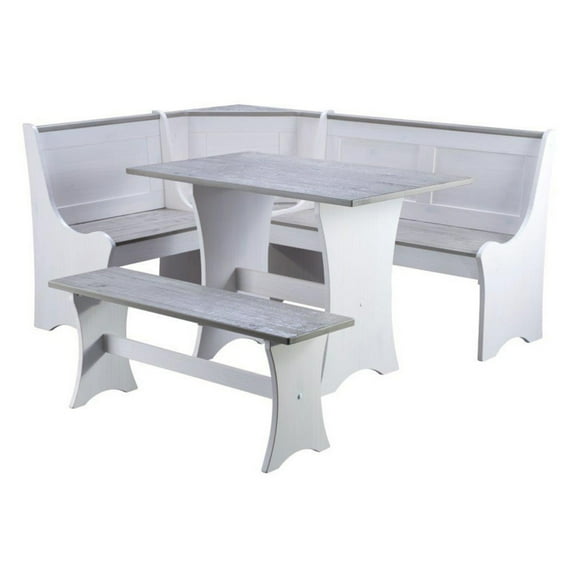 Linon Cherry Grove 3-Piece Coastal Corner Breakfast Nook Dining Set with Storage, White/Greywash