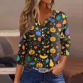 thumbnail image 2 of Camiseta de mujer con estampado de Halloween, botones, manga 3/4, estilo diario, fin de semana, moda básica, escote en V, top regular, 2 of 5