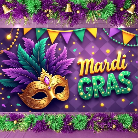 Colorful Feathers Mardi Gras Banner Golden Mask Happy Mardi Gras Display Purple Gold Green Star Decorations Carnival Backdrop for Carnival Party Mardi Gras Celebration Indoor Decoration
