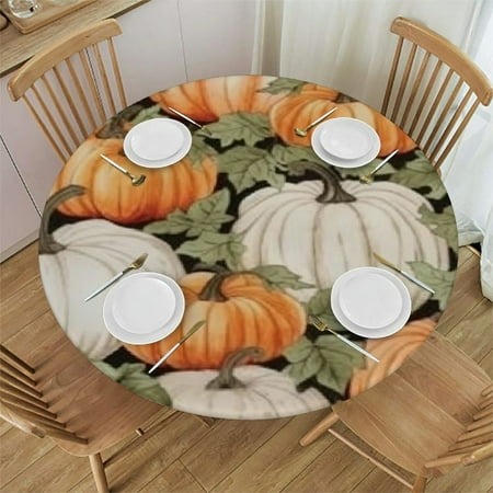 

Round Fitted Tablecloths with Elastic Edge Thanksgiving Orange White Waterproof Oil Proof Table Cover Vines Washable Table Cloth for Indoor Outdoor Kitchen Party X-Xin