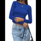 thumbnail image 2 of Camiseta de Larga con Cuello Redondo y Espalda Abierta para Mujer, Estilo Y2K, Estilo Retro Informal de Color Liso Azul Real L, 2 of 10