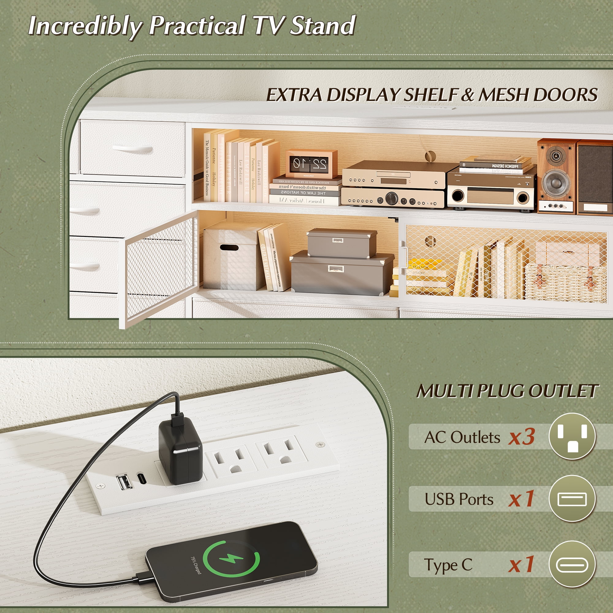 EnHomee TV Stand for Bedroom White Dresser with Drawers TV Console Table with Storage & LED & Charge Station