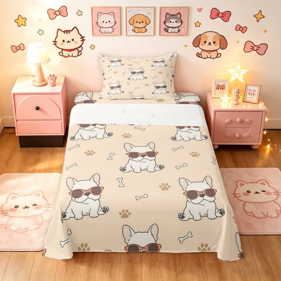Manfei Sunglass French Bulldog Twin Sheets, Cute Paw Bone Bedding, Cream Beige, 3-Piece, 1 Flat Sheet, 1 Fitted Sheet and 1 Pillowcase
