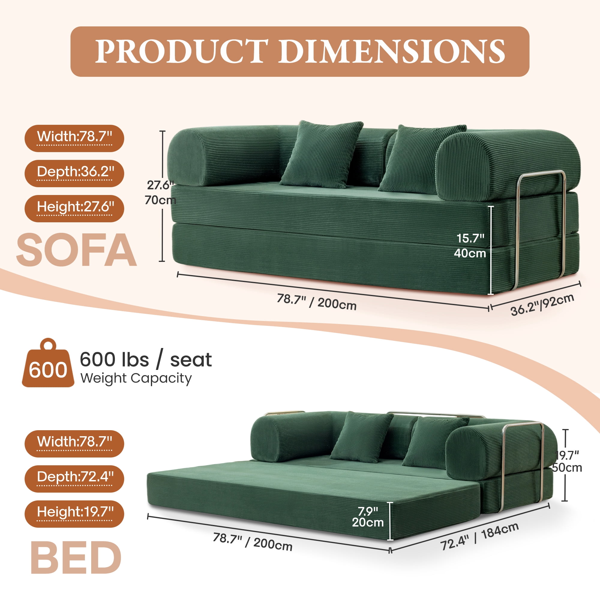 COOLHUT 78.7" W Combination Sofa, High Rebound Density Foam Sofa Couch, Two Forms Floor Couch Three Seats Sofa Bed for Living Room, Bedroom, Green