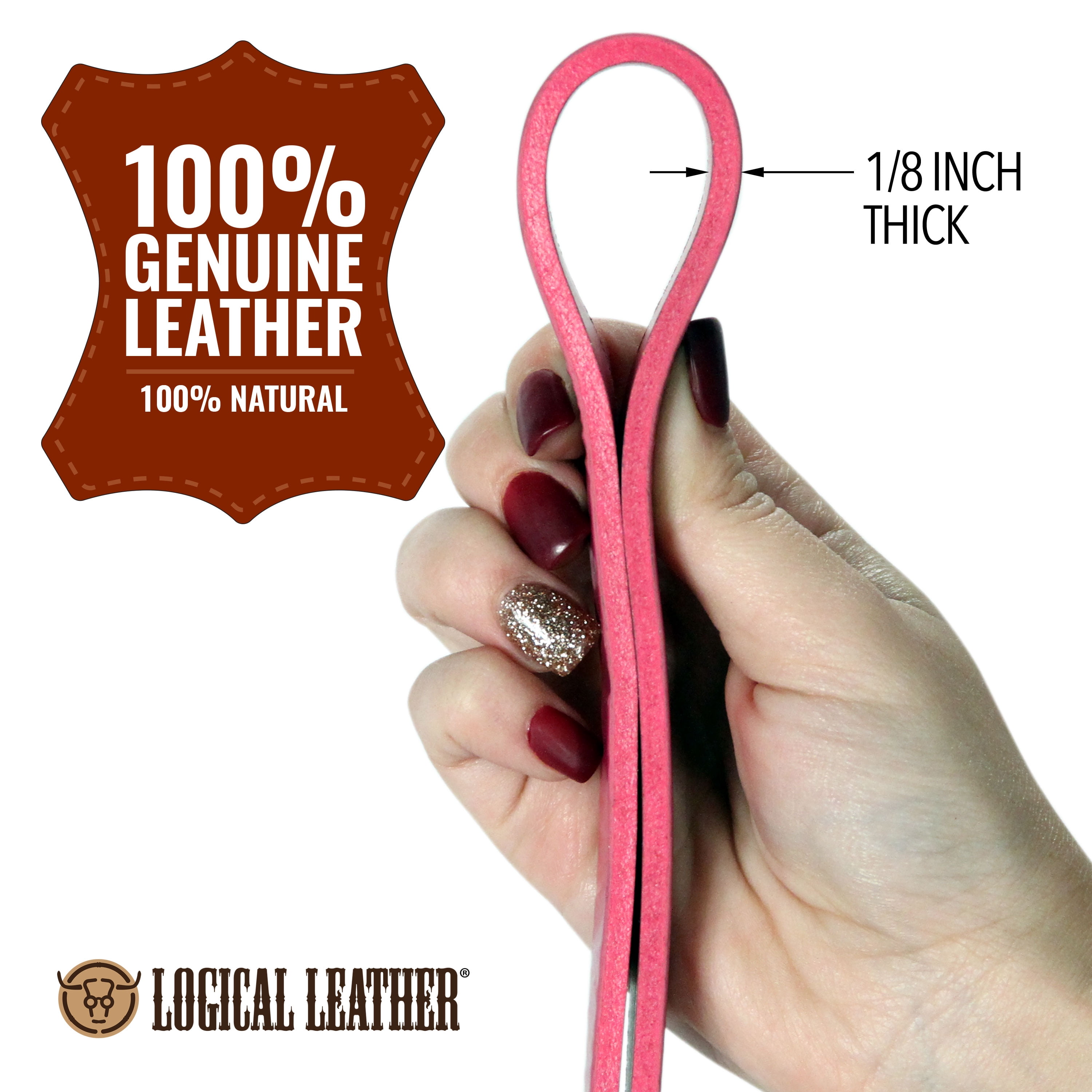 Logical Leather Dog Leash - 6 Foot Heavy Duty Full Grain Leather Lead; Best for Training - Pink