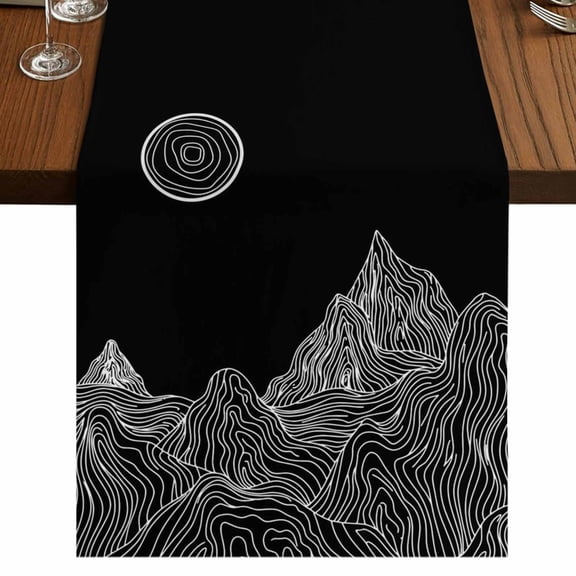 Table Runners 120 Inches Long Dress Scarves, Mountain Line Farmhouse Coffee/Dining/Kitchen Table Runner for Living Room, Minimalist Abstract Landscape Art Sun Black 13x120 Inch