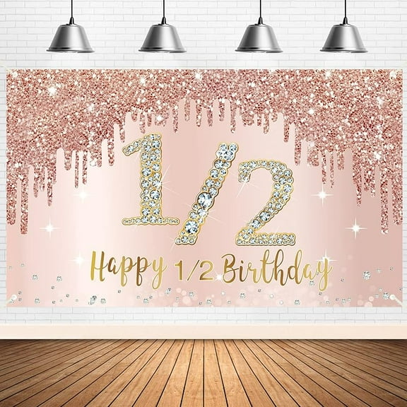 Happy 1/2th Birthday Banner Backdrop Decorations for Women, Rose Gold Happy 1/2th Birthday Banner Bac Birthday Party Sign Supplies, Pink 90 Year Old Birthday Poster Background Photo Booth Props Decor