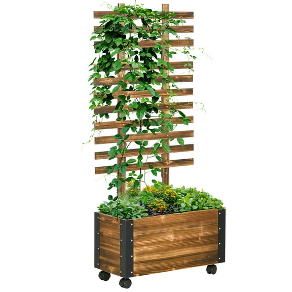 Raised Garden Bed Wood Elevated Above Ground Standing Planter Box with Wheels Trellis Outdoor for Vegetables Flower Plants Herb, Brown