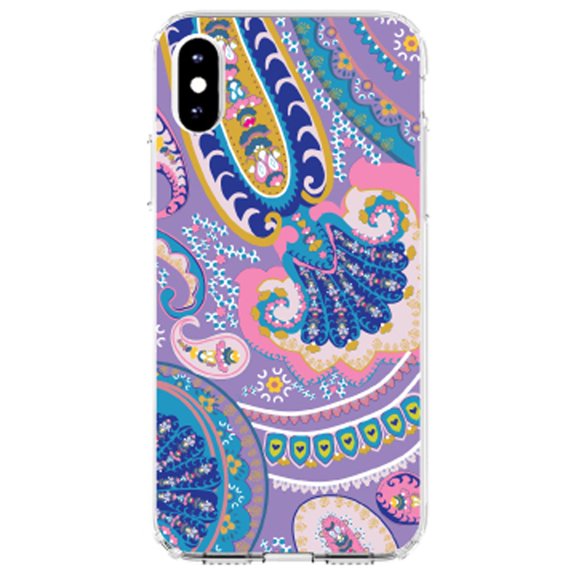 DistinctInk Clear Shockproof Hybrid Case for iPhone X / XS (5.8" Screen) - TPU Bumper, Acrylic Back, Tempered Glass Screen Protector - Purple Pink Blue Paisley