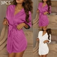 thumbnail image 2 of Tnhcen Women's Ice Silk 3PC Bathrobe Set – Mix & Match 3 Identical Styles in Different Colors Soft Silky Loose Short Sleeve Robes with Waist Belt Cozy Loungewear Free Size Purple*2+White, 2 of 9