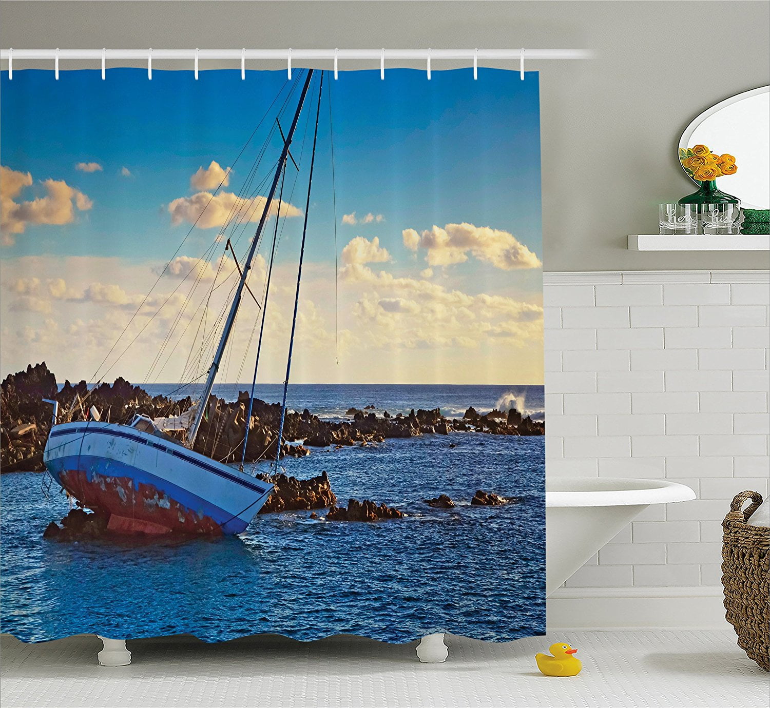 Sailboat And Sun Painting Waterproof Fabric Shower Curtain Set Bathroom 71Inch 