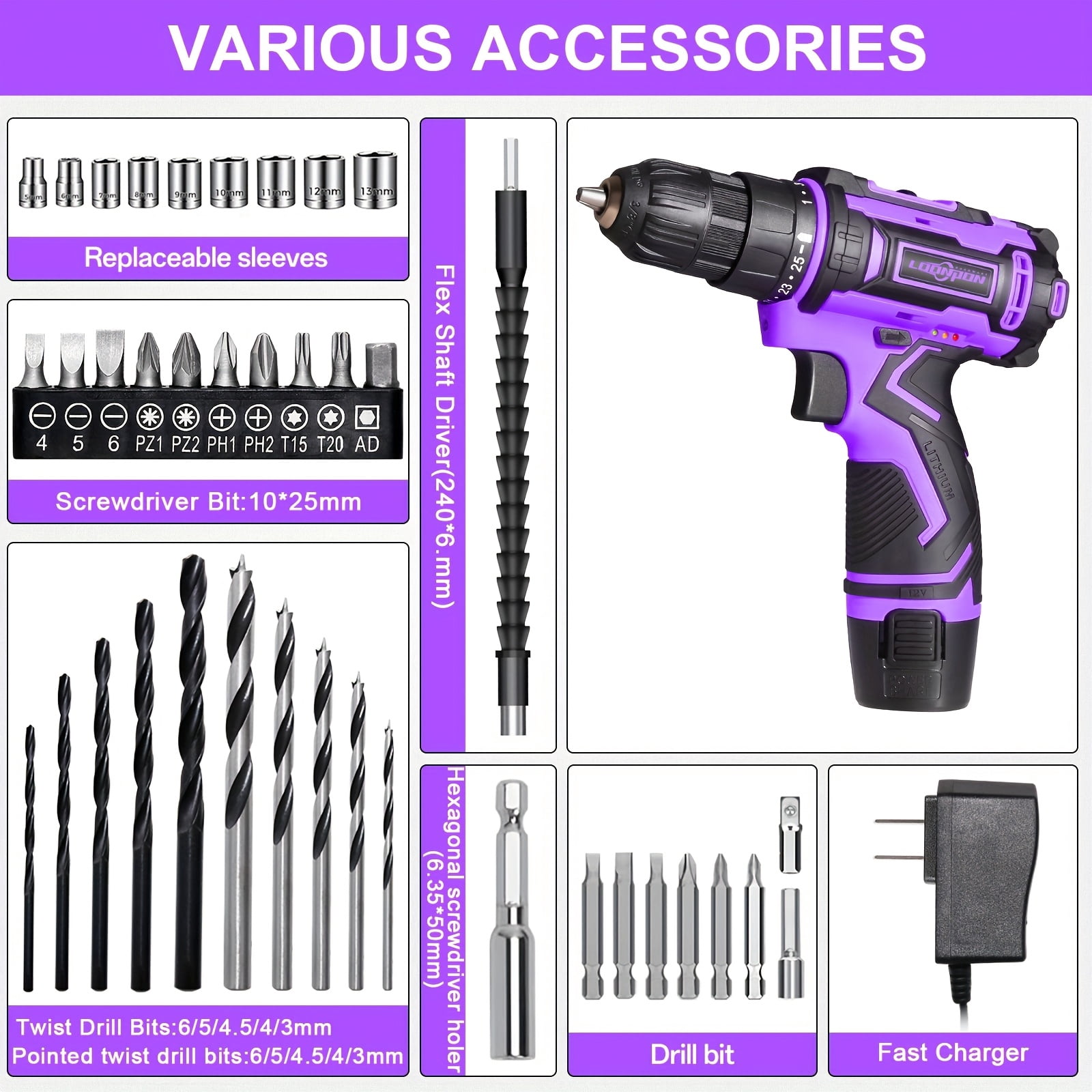 Purple Cordless Drill 12V ,Electric Power Driver Kit,with Drills Bits Set,LED,2 Variable Speed for Home DIY