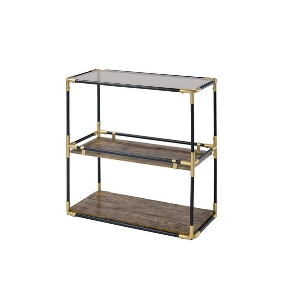 ACME Heleris Glass Top Console Table with Wooden Shelf in Black and Gold