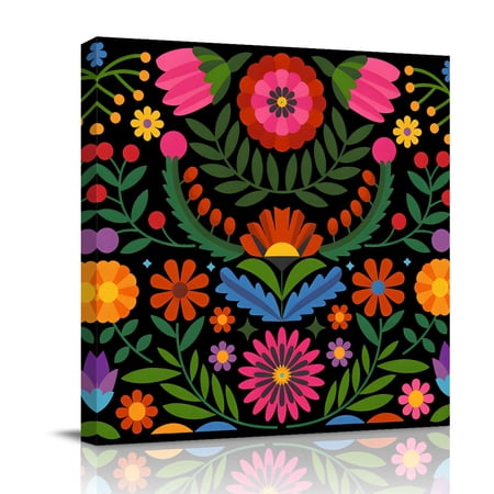 Canvas Wall Art Bohemian Framed Canvas Prints for Bathroom Kitchen Red Green Tribal Mexican Abstract Flower Gallery Wrapped Wall Decor for Home Office Gifts 10 x10 Ship Next Day