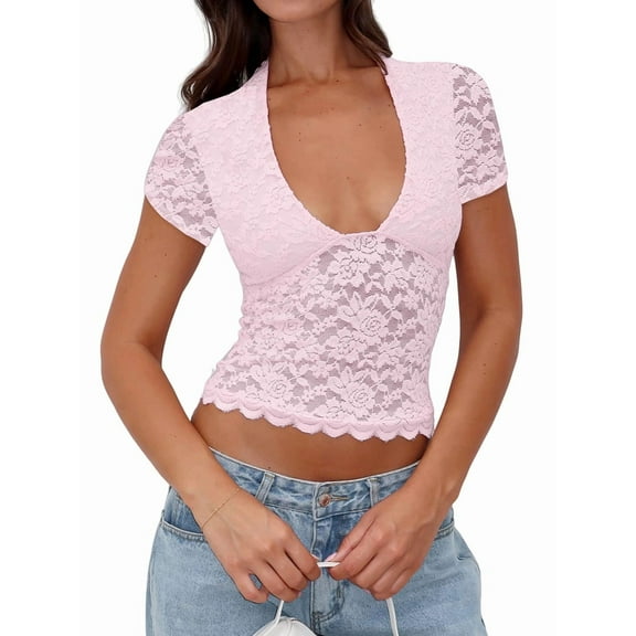 Women'S Lace Short Sleeve Shirt Low Cut Y2K Slim Fit Top Going Out Club Concert Clothes Pink S