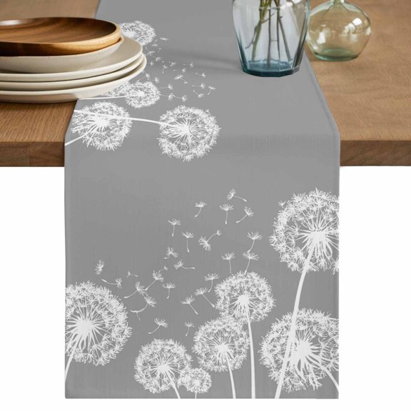 Table Runner 70 Inches Long for Kitchen Dining, White Dandelion Dresser Scarf Farmhouse, Dining Table Decorations for Wedding/Parties, Spring Plants Flowers Vintage Gray 13 x 70 In