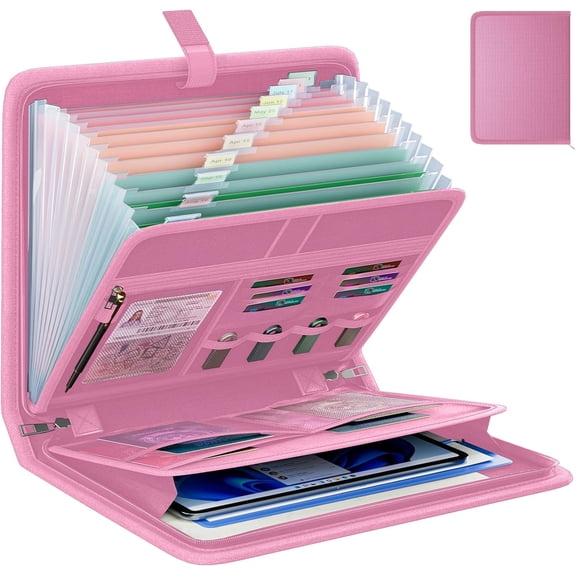 Fireproof Accordion File Organizer, Expanding File Folder with 13 Pockets | Portable Document Organizer with Waterproof Zipper & Labels, File Organizer for Important Document/Paper Storage, Pink