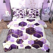 Manfei Geometric Hexagon 7 Pieces Bedding Comforter Set,Abstract Honeycomb Pattern Full Bedding Set,Purple White Gold Fitted Sheet Flat Sheet For Kids,Super Cozy Room Decor Reversible