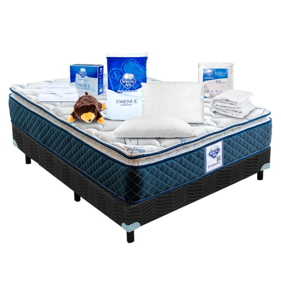 Paq Colchón Matrimonial Spring Air Carmín + Box + 2 Almohadas Spring + Protector De Colchón + Sábanas Blancas y Osito De Regalo