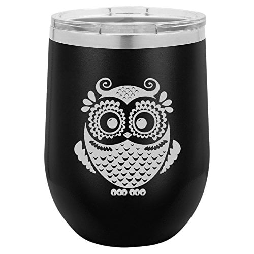 Stemless Wine Tumbler Coffee Travel Mug Glass Double Wall Insulated Owl Vintage 