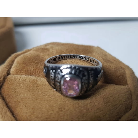 Personalized Pink Cushion Cut Customized Name,Logo,Year And Inside Engraving Stylish Graduation High School Class Ring For Women 925 Sterling Silver