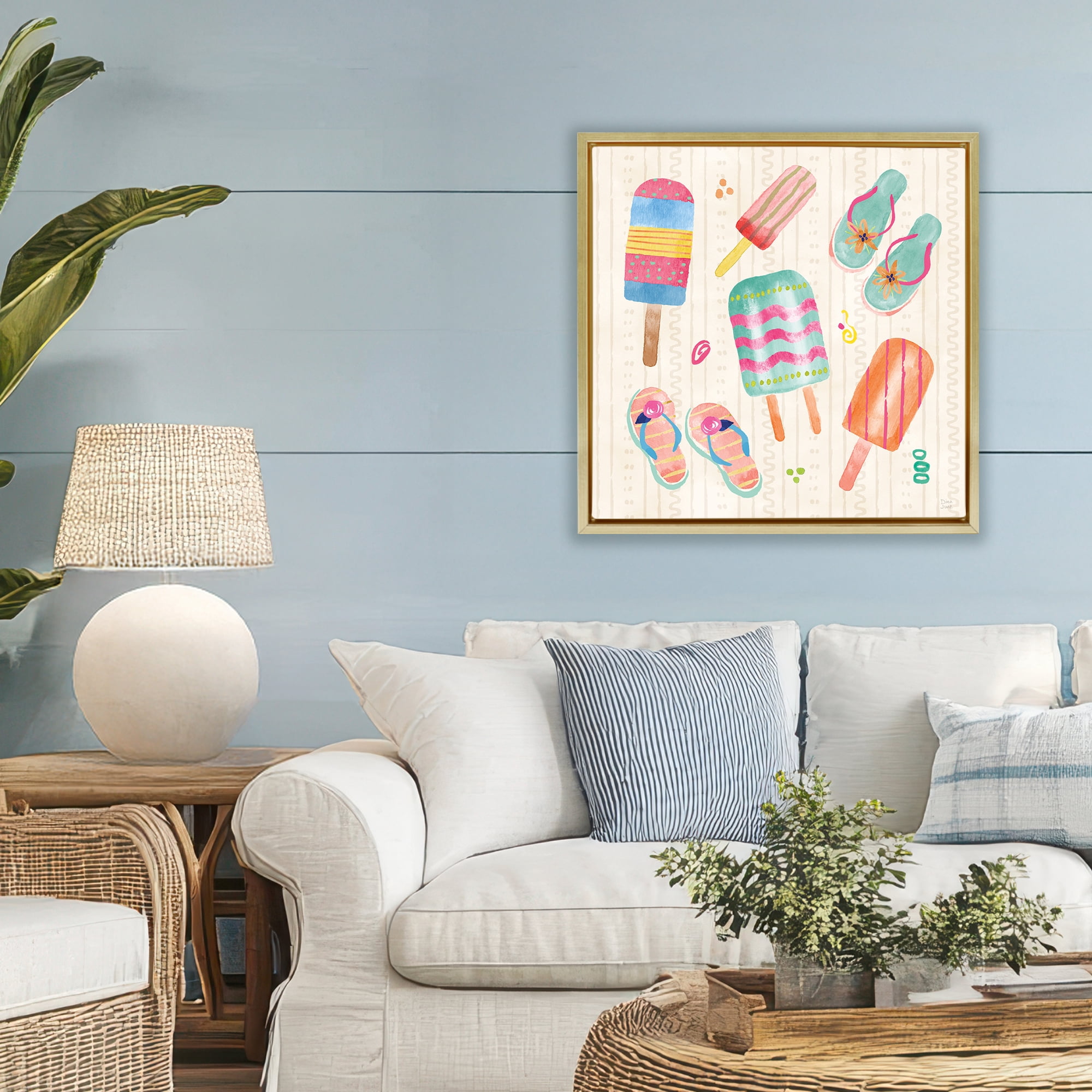 Stupell Industries Summer Popsicles & Sandals Gold Framed Floater Canvas Wall Art, design by Dina June