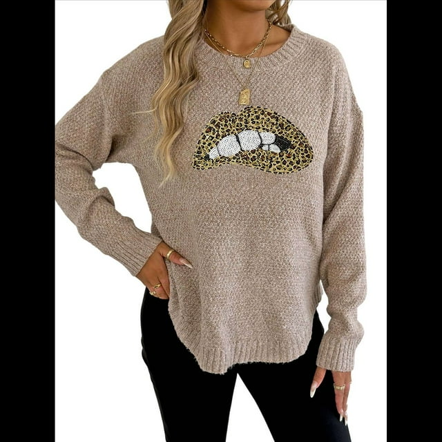 Suéter de Cuello Redondo Personalizado con Estampado de Leopardo y Labios Bordados para Mujer Albaricoque XL