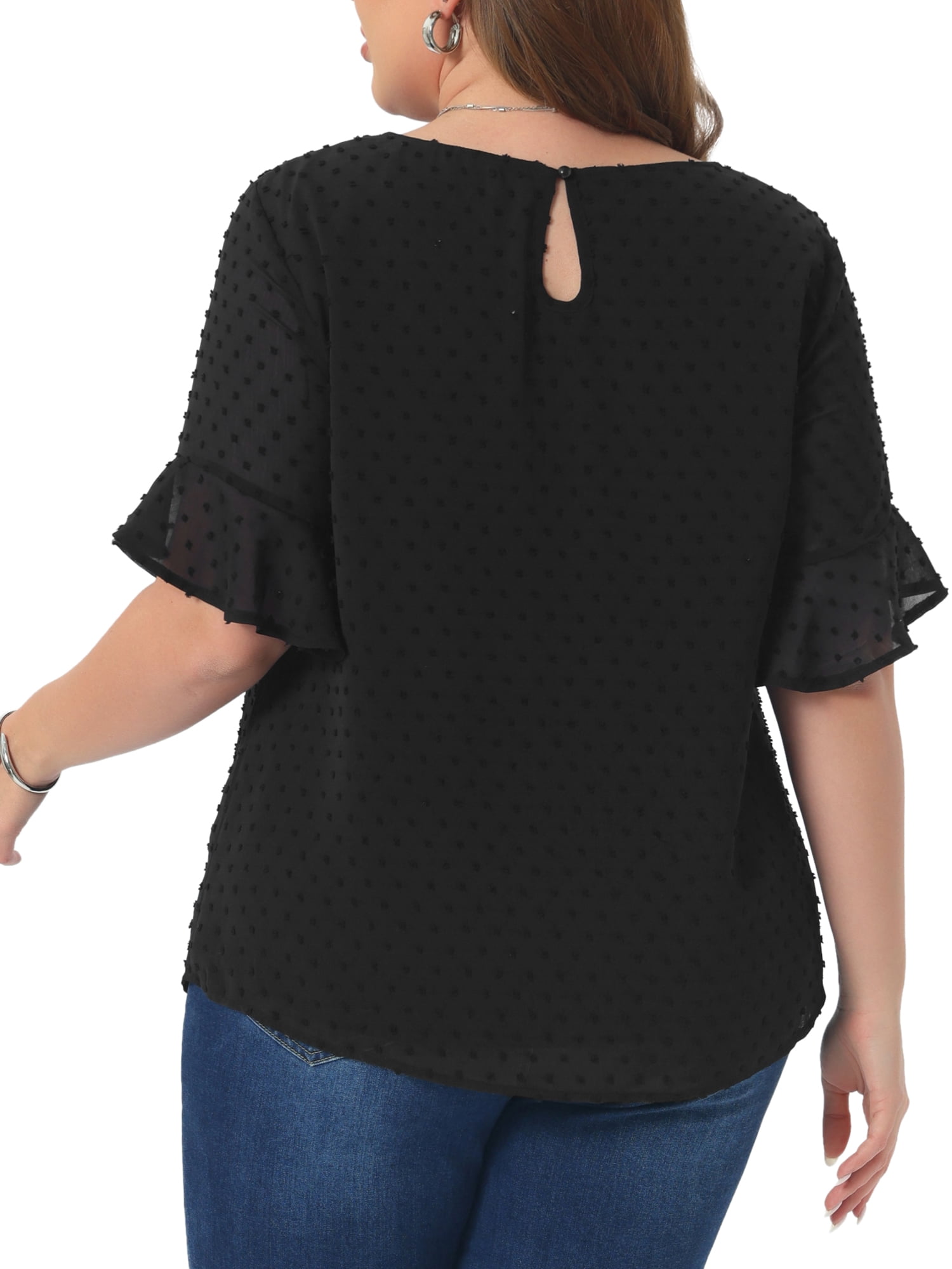 DARING DIVA Women's Plus Round Neck Ruffle Sleeve Swiss Dots Top 4X Black