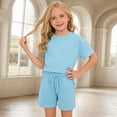 thumbnail image 3 of XEGLSBU Girls Summer Basic Top Bottom Set Girls Casual Outfit Loose Fit Short Sleeve Top with Shorts Solid Color Two Piece (Blue Size 7-8 Years), 3 of 7