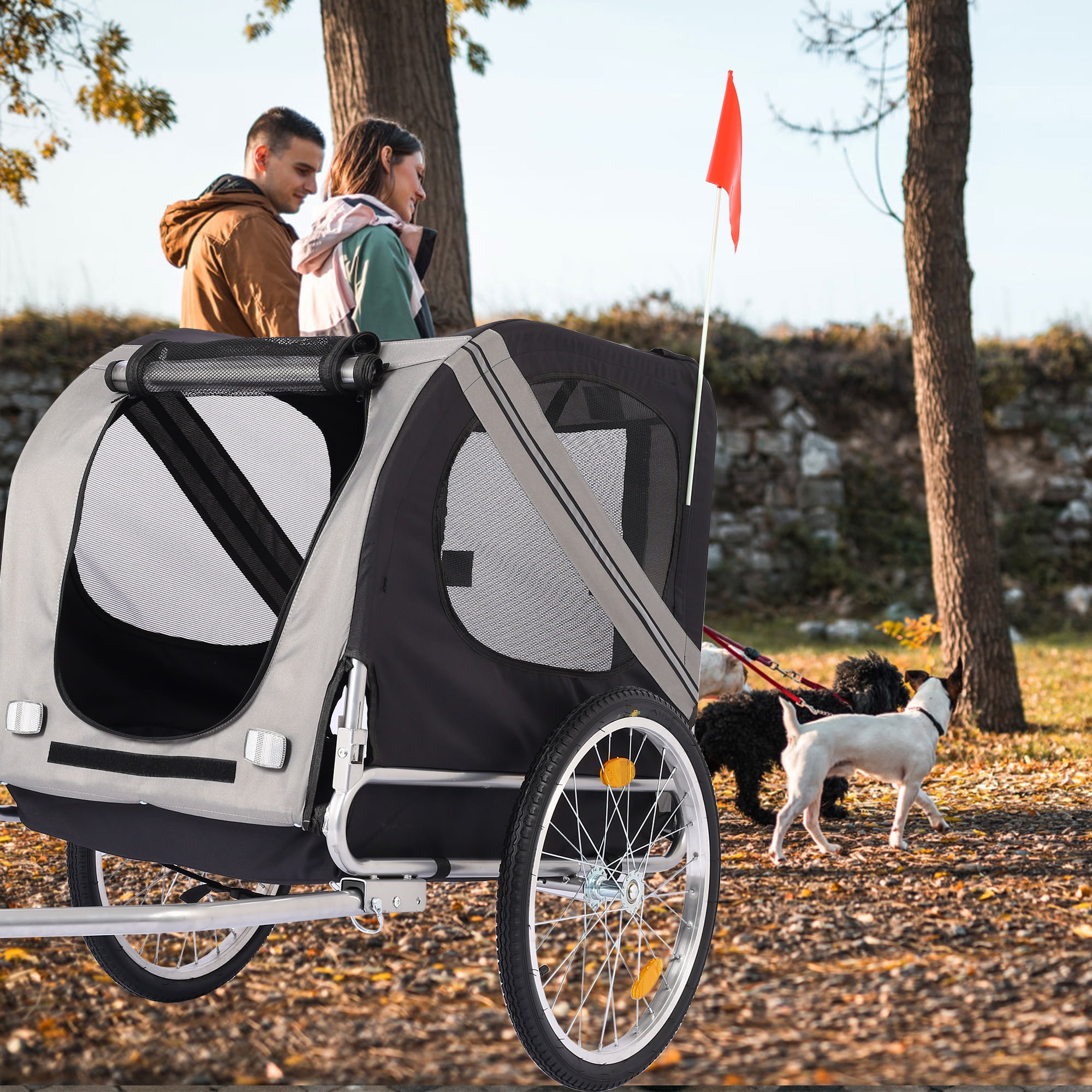 Pefilos 55" Dog Bike Trailer for Small and Medium, Pet Trailer with Suspension, Visibility Flag, Air-Filled Tires, Collapsible, Gray Pefilos 55" Dog Bike Trailer for Small and Medium, Pet Trailer with Suspension, Visibility Flag, Air-Filled Tires, Collapsible, Gray