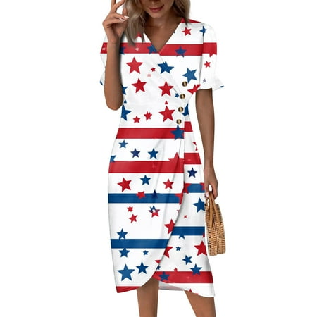 DBAIXID Independence Day Dress for Women Button V Neck Red White and Blue 1776 Patriotic Short Sleeve Beach Dress Plus Size USA American Flag Trendy United We Stand Summer Dresses Sky Blue M