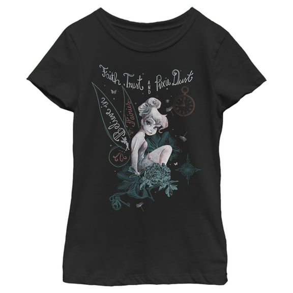Girl's Peter Pan Tinker Bell Believe in Fairies Graphic Tee Black Medium