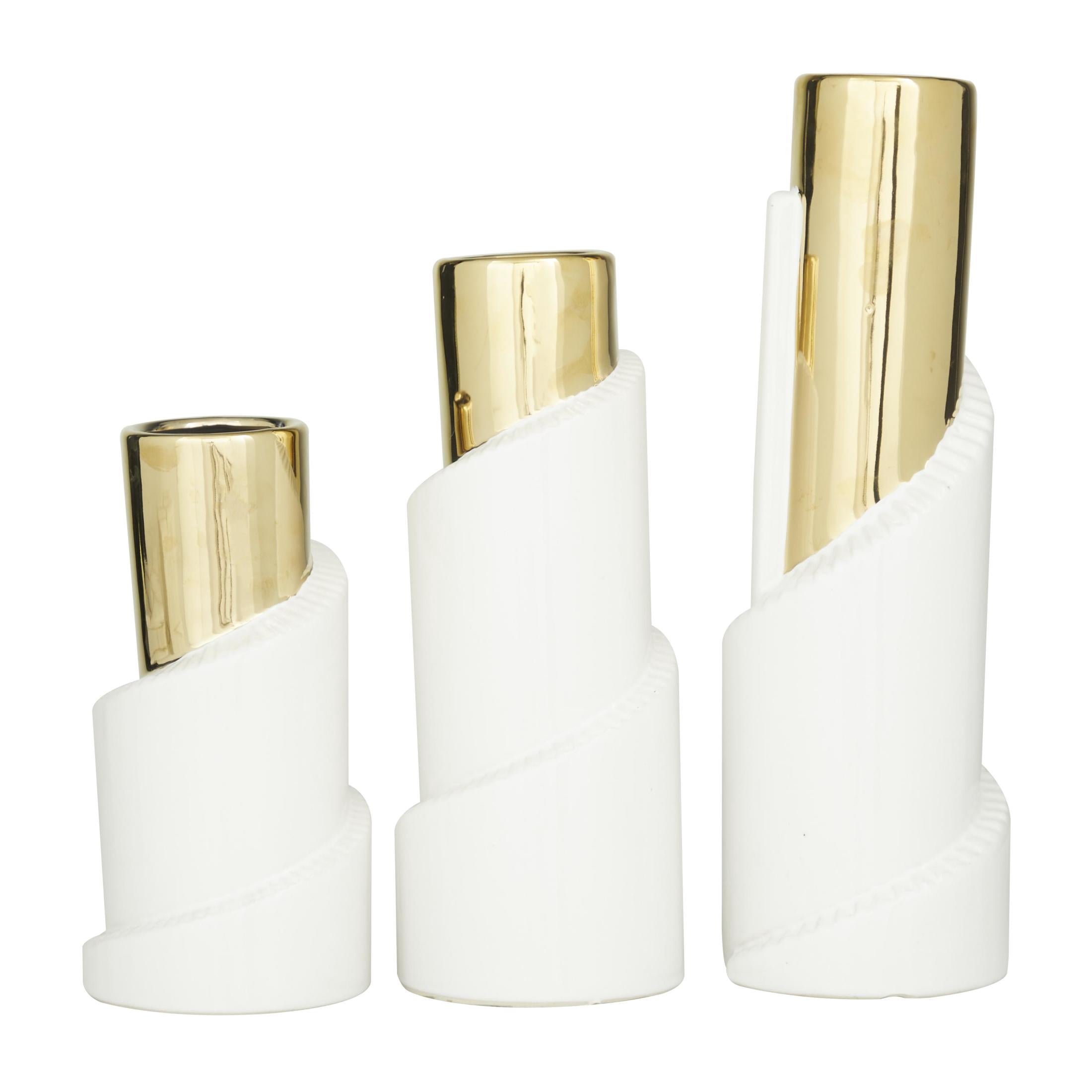 DecMode 15", 12", 9"H Spiral Gold Ceramic Vase with Gold Accents, Set of 3