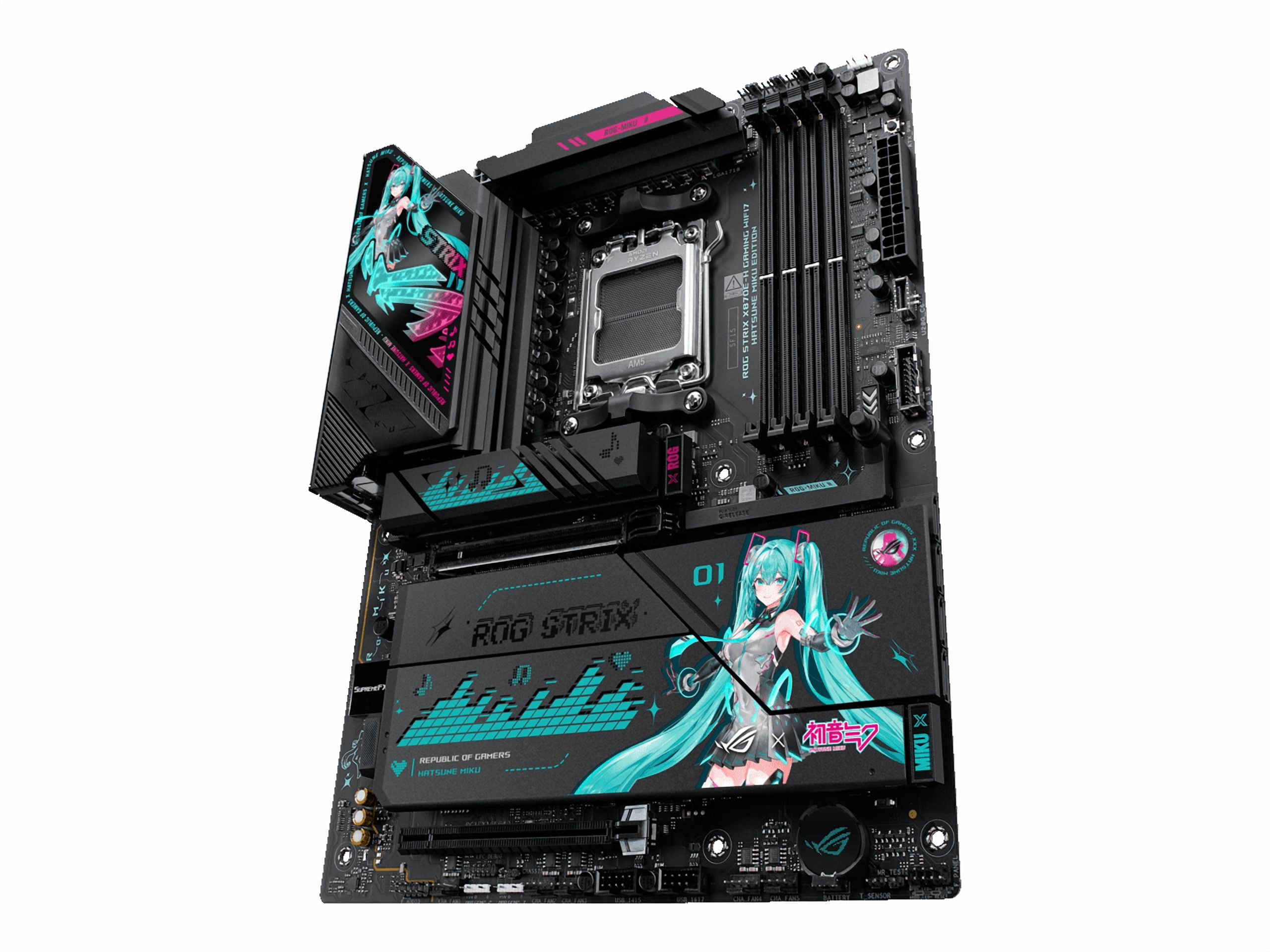 ASUS ROG STRIX X870E-H GAMING WIFI7 HATSUNE MIKU EDITION AMD X870E ATX motherboard, 16+2+1 power stages, Dynamic OC Switcher, Core Flex, DDR5, WiFi 7, 4x M.2, PCIe 5.0, dual USB4, USB 10Gbps Type-C