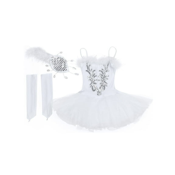 Sholeno Kids Girls Ballet Dance Outfits Camisole Mesh Tutu Princess Dress with Gloves Hair Clip Set White 12