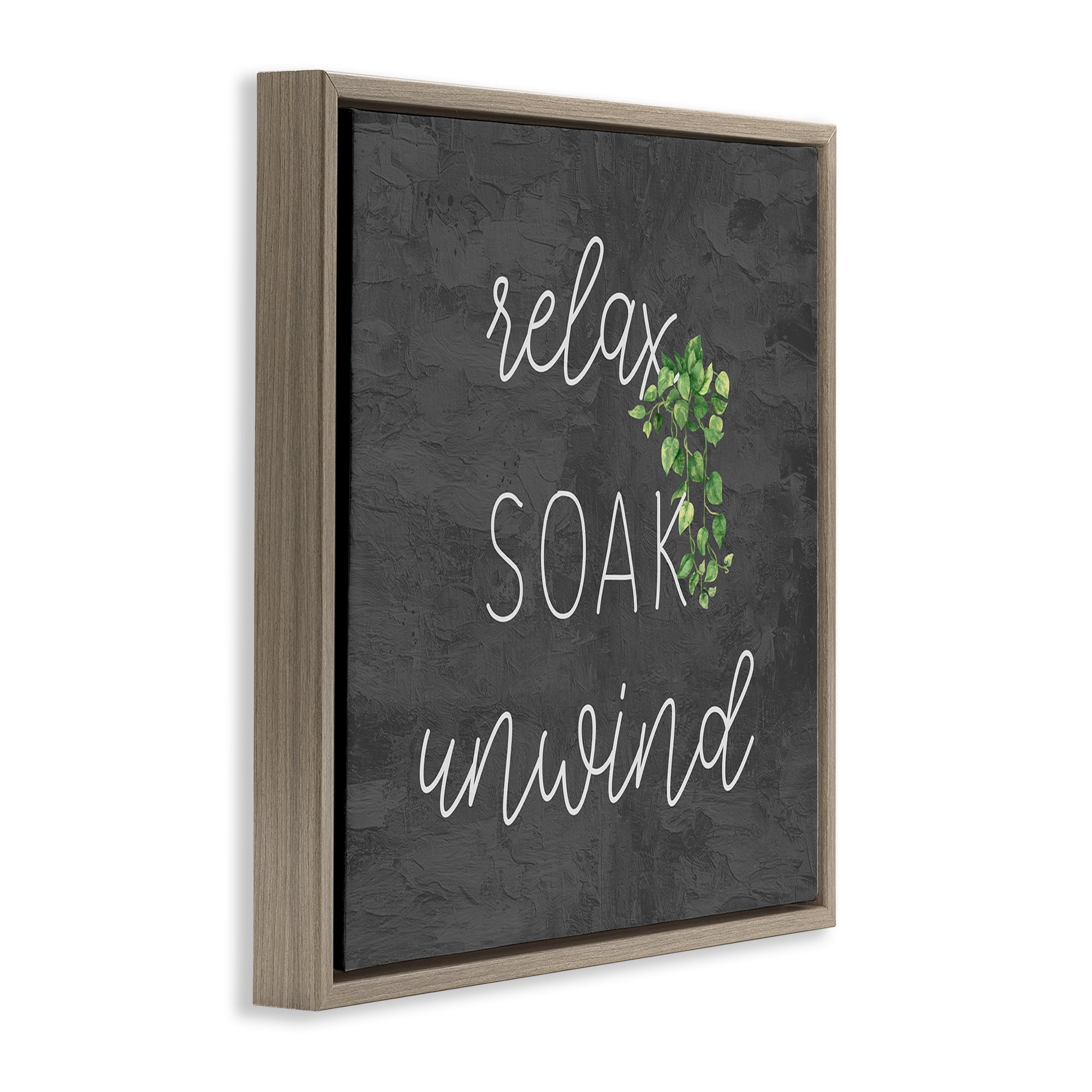 Stupell Industries Relax Unwind with Botanicals Bath & Laundry Painting Brown Floater Framed Canvas Art Print Wall Art, 18 x 18