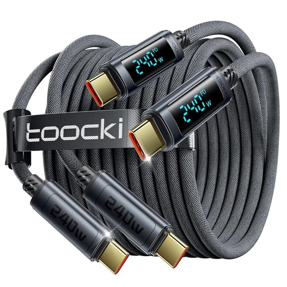 240W USB-C to USB-C Fast Charging Cable, 6.6ft (2M), Braided Type-C Cable, Gray, 2-Pack