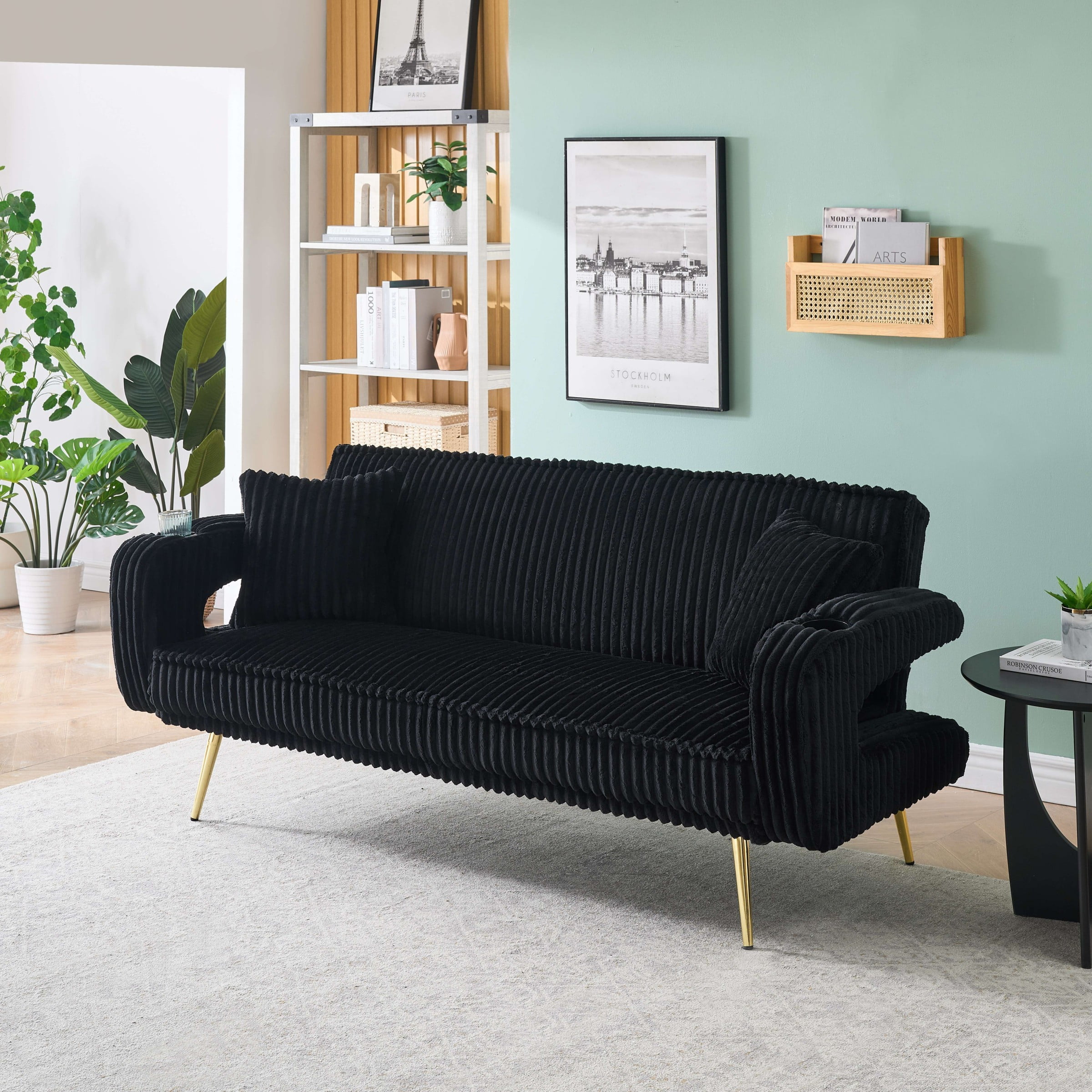 Corduroy Futon Sofa Bed with Pillows,74 inch Modern Convertible Loveseat Sleeper Bed with Adjustable Backrest for Living Room,Black