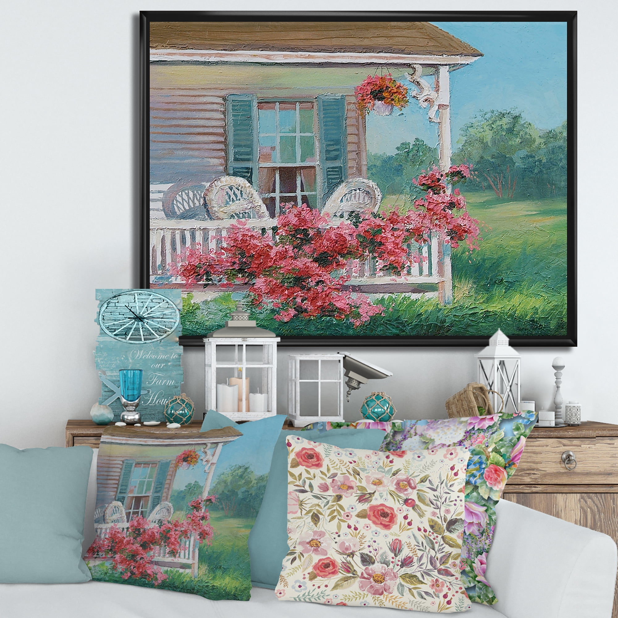 Patio & Blossiming Red Flowers With Wooden House 32 in x 24 in Framed Painting Canvas Art Print, by Designart