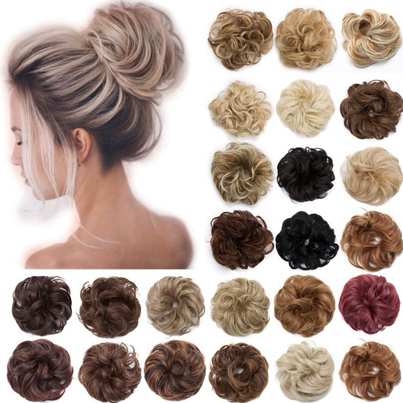 S-noilite Hair Bun Extensions Messy Wavy Curly Dish Donut Scrunchie Hairpiece Accessories Chignons Updo Ponytail Pony Tail Synthetic Hair Extension for Women Girl -1 Piece 40G Dark Blonde to Bleach Bl