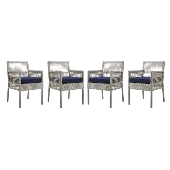 Modway Aura Dining Armchair Outdoor Patio Wicker Rattan Set of 4 in Gray Navy