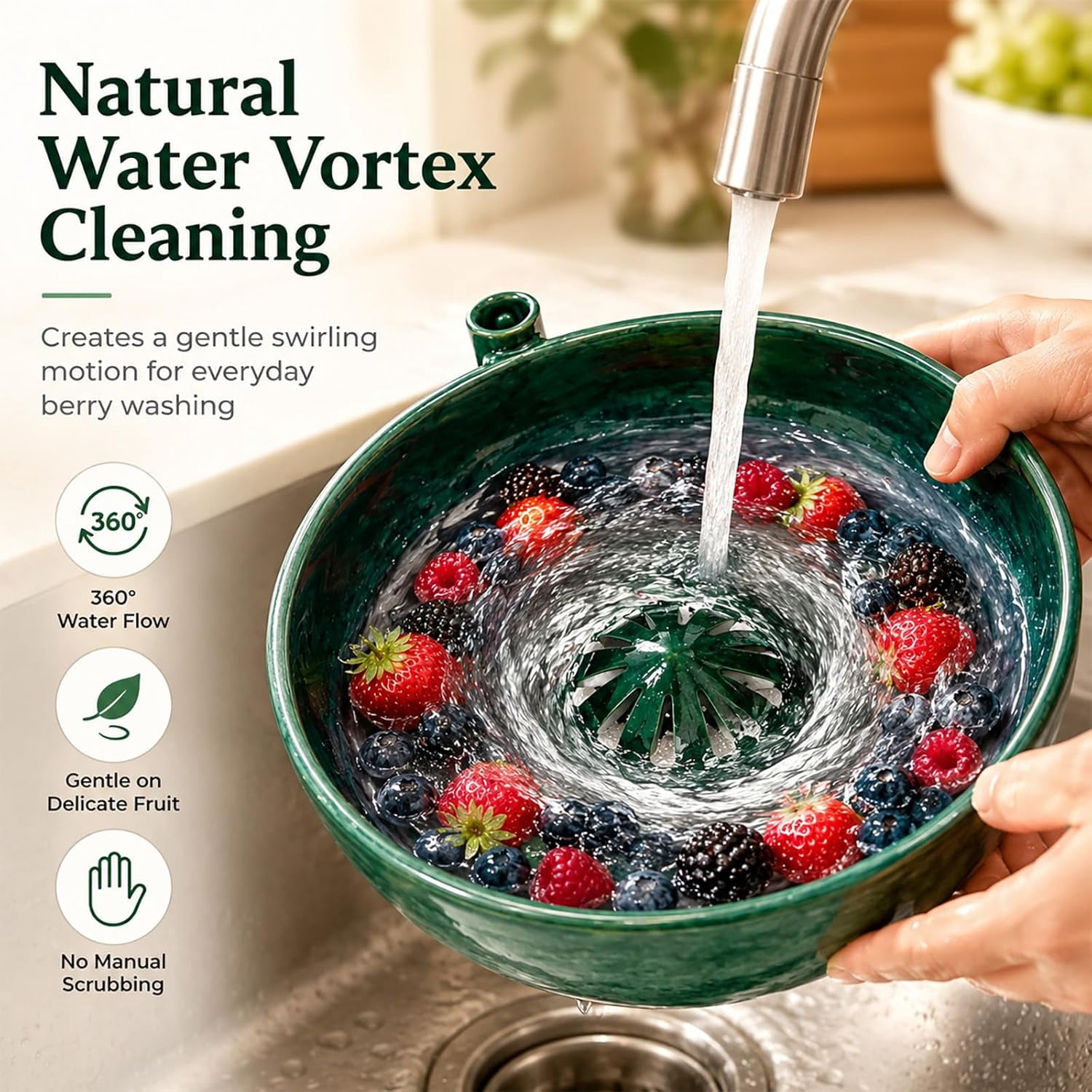 Ceramic Berry Washing Bowl with Water Vortex Design, Self Spinning