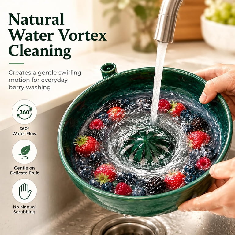 Ceramic Berry Washing Bowl with Water Vortex Design, Self Spinning
