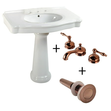 White Pedestal Sink with 8" Widespread Faucet Bathroom Sink Tap Rose Gold Traditional| Renovators Supply