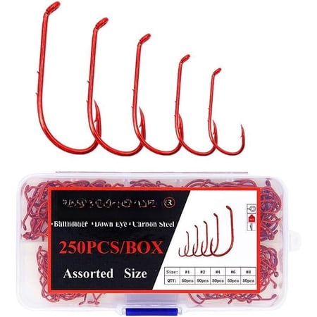 Baitholder Fishing Hooks 50/250/300Pcs Holder for Soft Live Bass Trout Crappie Long Shank Round Bend Down Eye Fly Worm Hooks Red 12 10 8 6 4 2 1 1/0 2/0 3/0