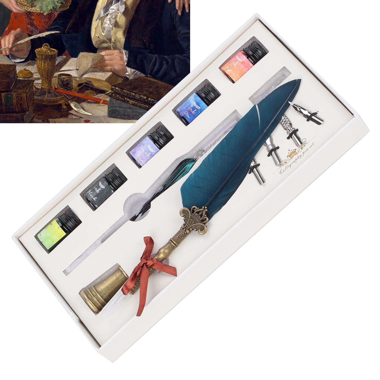 Riousery Calligraphy Pen Set Glass Ink Feather Fountain Pen with Replaceable Nibs Writing Gift Box Kit Navy