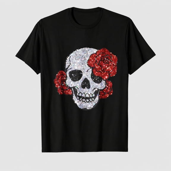 Women's Adult Skull Red Rose Graphic T-Shirt, 100% Cotton Short Sleeve Shirt