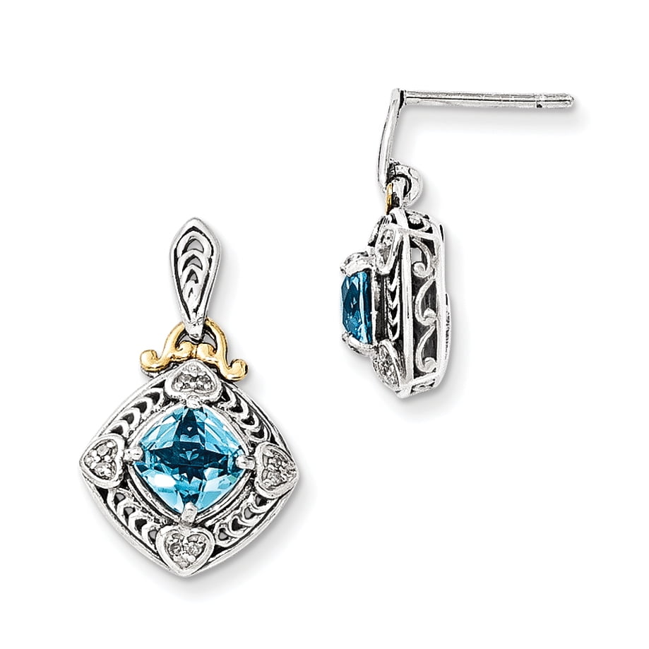 Roy Rose Jewelry Sterling Silver and 14K Gold Diamond and Blue Topaz Earrings by