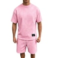 thumbnail image 5 of Outfits Casual Shirt And Shorts Set Men's Solid Color T-Shirt Short Sleeve And Drawstring Elastic Waist Shorts Casual Set Suit Pink M, 5 of 5
